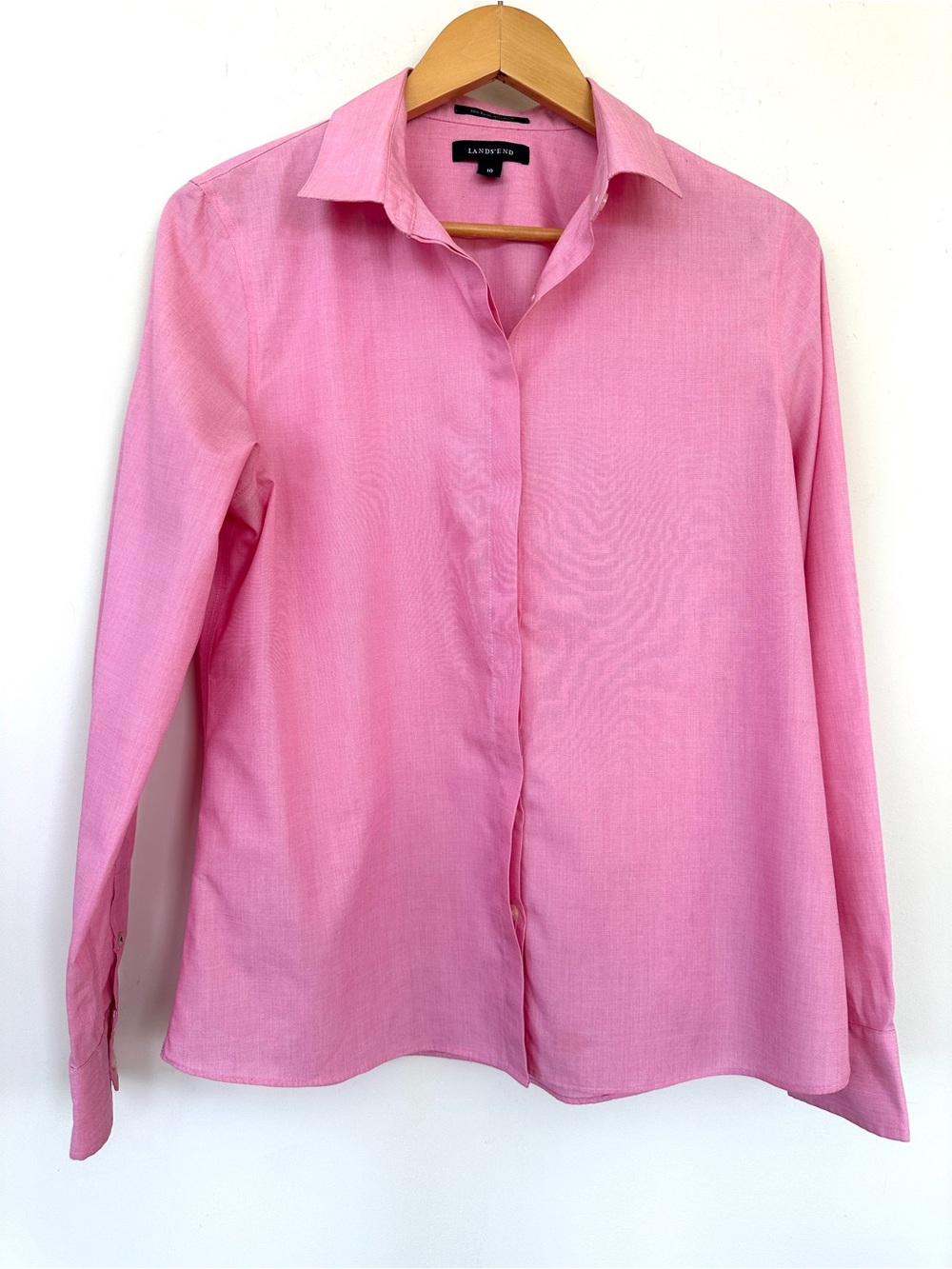 Lands' End Pink Button-Up Shirt With Long Sleeves, Fitted, 💯 Cotton
